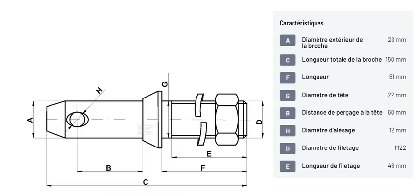 Divers - Non définie - Axe de bras inférieur 28x150mm filetage: M22x46mm Cat.2