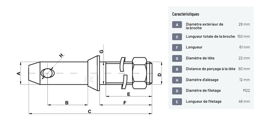 Divers - Non définie - Axe de bras inférieur 28x150mm filetage: M22x46mm Cat.2