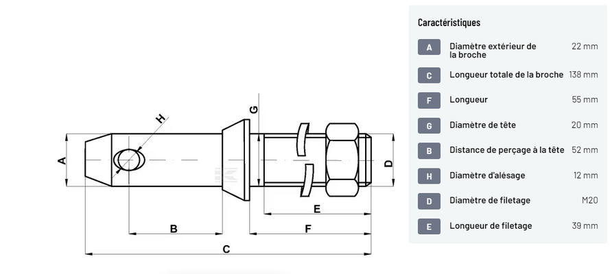 Divers - Non définie - Axe de bras inférieur 22x138mm filetage: M20x39mm Cat.1